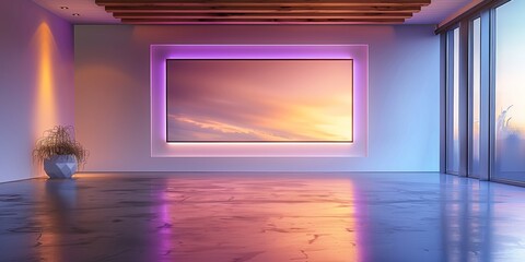 Aufkleber - Modern design with a wooden frame and a lavender light border in a sleek, empty room. Generative AI.