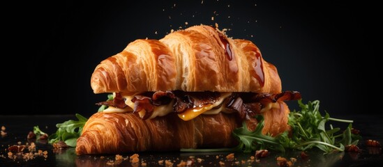 Poster - Tasty croissant sandwiches on dark background. copy space available