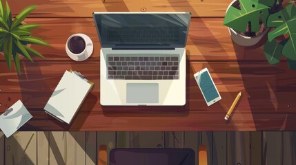 Poster - Modern cartoon illustration of old wooden desk, smartphone, documents, notebooks, cup of coffee, plant on table. Startup office, education space.