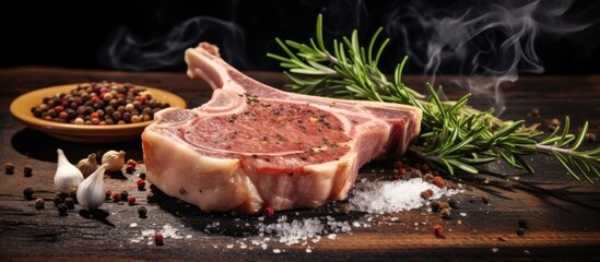Poster - Top view raw pork chop steak and garlic pepper salt on wooden background. copy space available