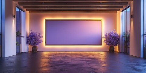 Aufkleber - Modern design with a wooden frame and a lavender light border in a sleek, empty room. Generative AI.
