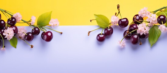 Poster - Frame made of sweet yellow cherries on lilac background. copy space available