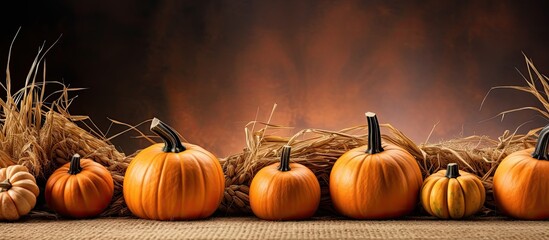 Poster - Different Colorful Pumpkins on Straw Autumn Thanksgiving and Halloween Background. copy space available