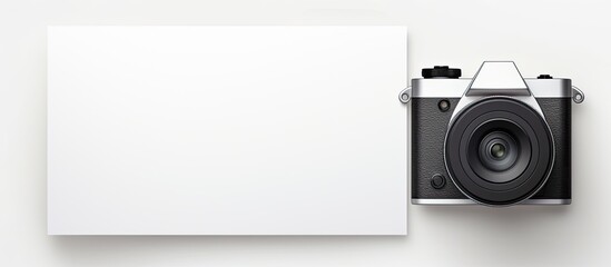 Poster - Composition with blank paper sheet and photo camera on white background. copy space available