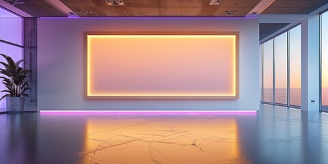 Aufkleber - Modern design with a wooden frame and a lavender light border in a sleek, empty room. Generative AI.