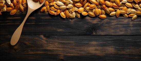 Poster - A copy space image of pumpkin seeds arranged in a wooden spoon on top of an antique wooden table