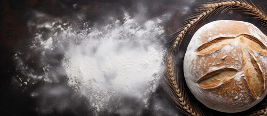 Poster - Round rye bread and white flour around isolated on black table background top view empty copy Space for text