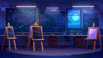 Wall Mural - A dark art classroom interior with furniture and painting equipment. Modern illustration of a school room in the dark, with drawings on the walls and sketches on the blackboard. Design workshop