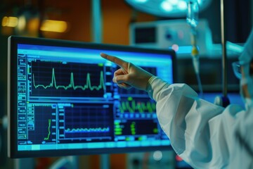 Poster - a person pointing at a monitor in a hospital. suitable for medical concepts