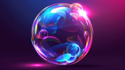 Poster - A realistic transparent soap bubble with a dreamy neon rainbow light surface. An abstract blow object icon for shampoo or powder.