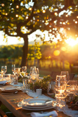 Wall Mural - Stunning table arrangement for a wedding of festive event against a breathtaking backdrop of vineyards on summer sunset.