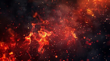 Wall Mural - In this modern realistic poster background there are a great deal of fire sparks, embers, and smoke. Overlay effect of burning coal, grilling, hell, or a bonfire with radiant flames, flying red