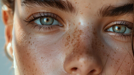 Wall Mural - the close-up of a girl's face, adorned with charming freckles and defined eyebrows, as she carefully applies a potent anti-aging skincare cream.