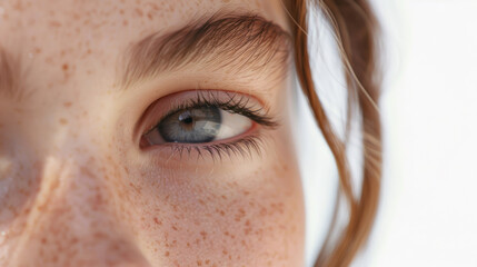 Wall Mural - the close-up of a girl's face, adorned with charming freckles and defined eyebrows, as she carefully applies a potent anti-aging skincare cream.