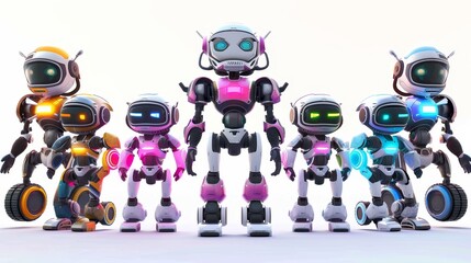 Poster - animated cartoon set of robots isolated on a white background. hyper-realistic ai cyborgs with wheel