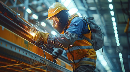 Poster - A welder working overhead on a steel canopy of a public transportation station. Generative AI.