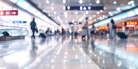 Blurred background of a modern airport. Abstract motion, blurred people moving suitcases, signs and lights in background. Travel concept.