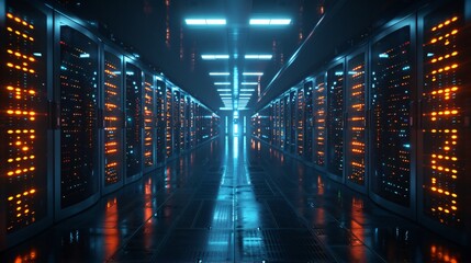 Poster - Abstract technology background of server room with rows of rack-mounted servers lit by bright blue lights.