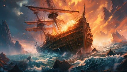 Wall Mural - A sinking ship in a disaster 