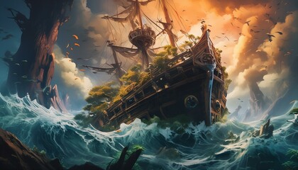 Wall Mural - A sinking ship in a disaster 