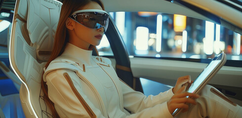 Poster - No steering wheel, female driver seamlessly using tablet within augmented reality car to demonstrate the marriage of technology and modern transportation, futuristic setting. Generative AI.