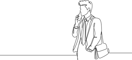 Wall Mural - continuous single line drawing of young businessman talking on phone, line art vector illustration