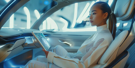 No steering wheel, female driver seamlessly using tablet within augmented reality car to demonstrate the marriage of technology and modern transportation, futuristic setting. Generative AI.