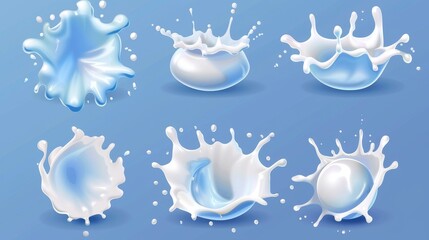 Wall Mural - Illustration showing a realistic set of milk splash circles isolated on a blue background. Modern illustration showing a round swirl of creamy liquid substance with waves and droplets, dairy beverage