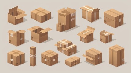 Wall Mural - Packets of closed and open brown cartons in stacks. Stacks of packaging for distribution and shipping concept. 3D rendering modern illustration.