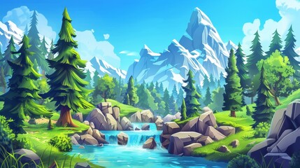 Wall Mural - An illustration of a summer or spring landscape with mountains, forests, rivers, and green trees. Cartoon illustration of rocky hills, flowing streams, green trees, and blue skies.