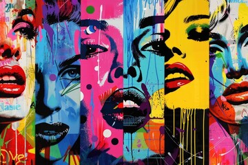 Wall Mural - A painting featuring a group of women's faces. Ideal for art enthusiasts and interior designers