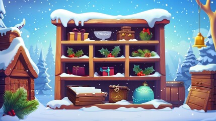 Poster - the christmas interface for a game shop - a cartoon modern illustration of a snowy wooden rack with 
