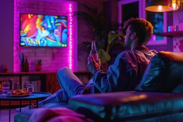 Poster - A man sitting on a couch in front of a television. Suitable for lifestyle and entertainment concepts