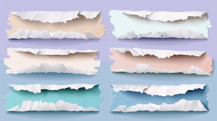 Poster - Paper torn edge on white note pad. Colorscrap notebook frame banner design. Lined, grid and blank newspaper card elements isolated. Cut ripped message collage.