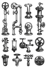 Poster - A collection of different types of pipes and valves. Ideal for industrial concepts