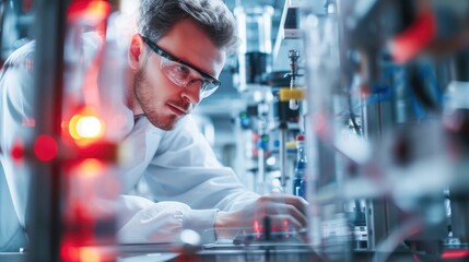 Poster - An engineer is conducting experiments in a science lab, wearing a lab coat. AIG41