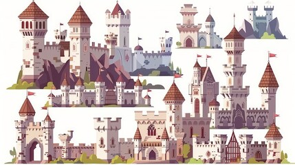 Poster - Modern cartoon illustration of castles isolated on white background. Fairytale kingdom palaces with towers, old castles with stone walls, gothic windows, iron gates on castle walls.