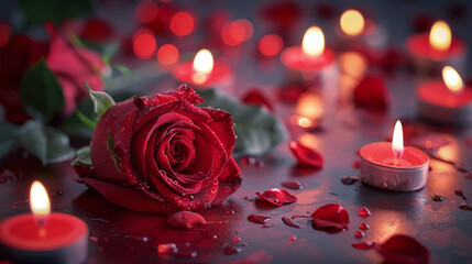 Poster - On a red background, a red rose is surrounded by candles. Concept for an intimate Valentine's celebration. Generative AI.