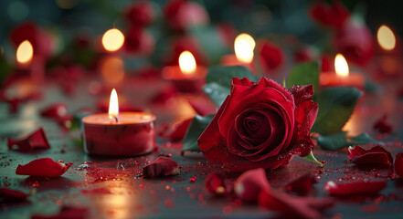 Poster - On a red background, a red rose is surrounded by candles. Concept for an intimate Valentine's celebration. Generative AI.