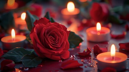 Poster - On a red background, a red rose is surrounded by candles. Concept for an intimate Valentine's celebration. Generative AI.