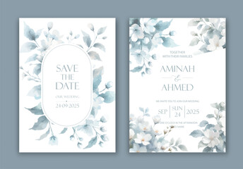 Wall Mural - Wedding Invitation with delicate watercolor buds and leaves of jasmine.