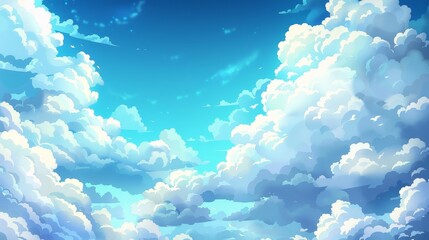 Canvas Print - Blue anime cloud heaven sky modern background. White cumulus cloudy air scene with gradient. Sunny outdoor scene illustrative background.