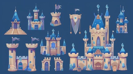 Sticker - Castle icon modern cartoon kingdom set. Fairytale fort and fantasy buildings exterior. Isolated citadel collection design. Princess tower drawing illustration.