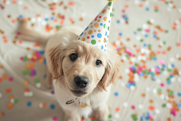 Wall Mural - A dog wearing a party hat and standing in a room full of confetti