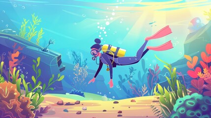 Wall Mural - Various underwater objects are explored on sandy bottom by a woman scuba diver in scuba suit, mask, and snorkel for underwater immersion. Cartoon modern marine landscape of diving concept.