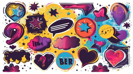Poster - retro futuristic speech bubbles set isolated on white background. modern illustration of retrowave f