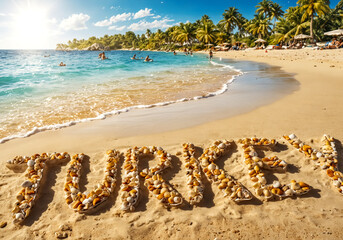 Country Names Written with Sea Shells on the Beach. Turkey. Summer and Vacation Concept.