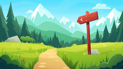 Poster - A pathway leads from a forest to the mountains. Cartoon modern summer landscape of green grass on a meadow with trees and wooden arrows near a dirt road. Natural panorama of a grassland with hills in