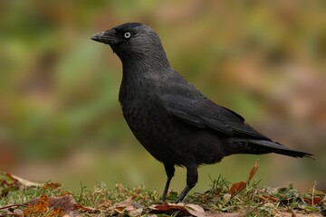 Jackdaw perched on the ground amidst a backdrop of autumn foliage
