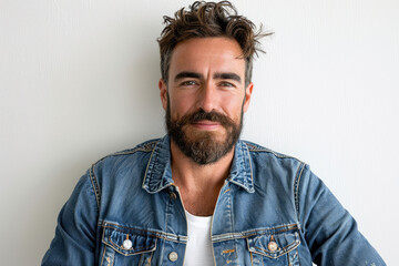 Wall Mural - Photo of a bearded man with a sharp gaze wearing a denim jacket on a white studio background